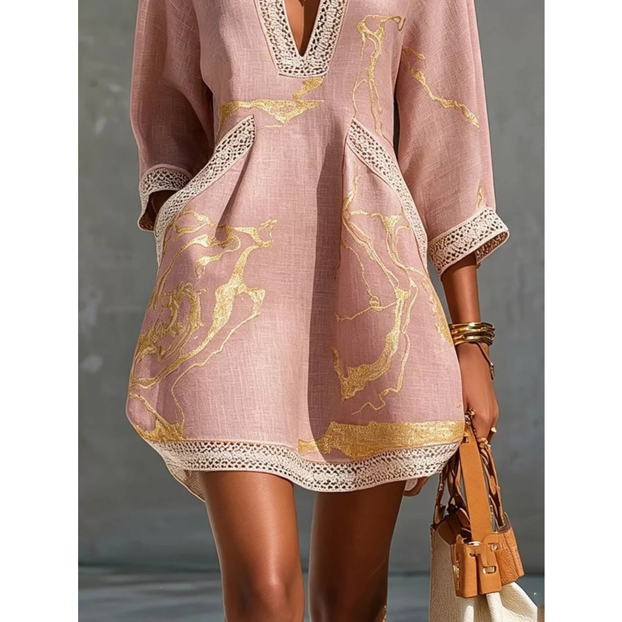 Notched 3/4 Sleeve Mini Dress Apparel and Accessories
