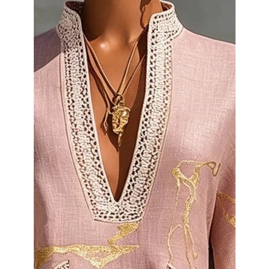 Notched 3/4 Sleeve Mini Dress Apparel and Accessories