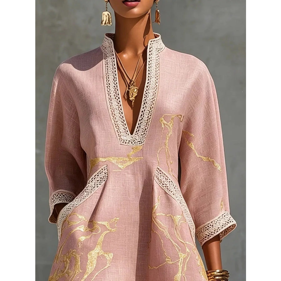 Notched 3/4 Sleeve Mini Dress Apparel and Accessories