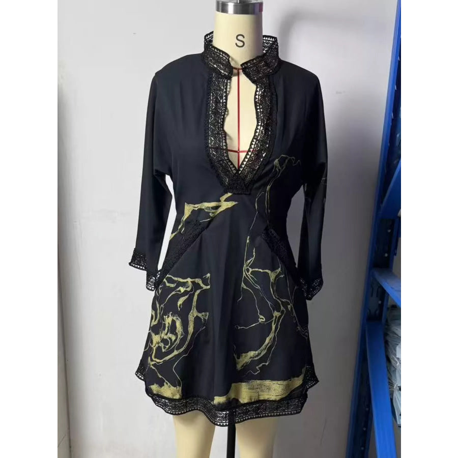 Notched 3/4 Sleeve Mini Dress Apparel and Accessories