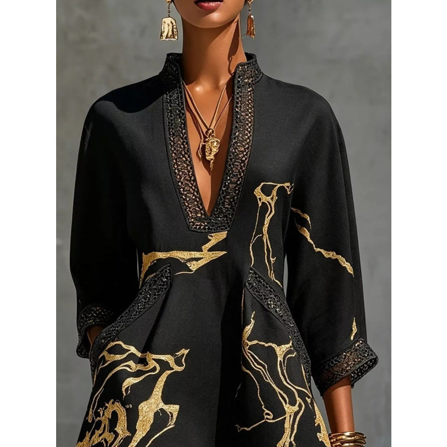 Notched 3/4 Sleeve Mini Dress Black / S Apparel and Accessories