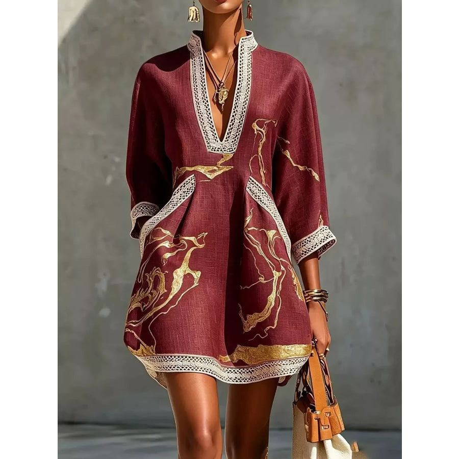 Notched 3/4 Sleeve Mini Dress Burgundy / S Apparel and Accessories