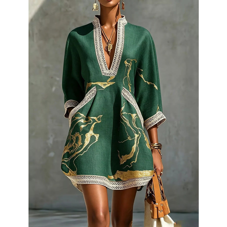 Notched 3/4 Sleeve Mini Dress Green / S Apparel and Accessories