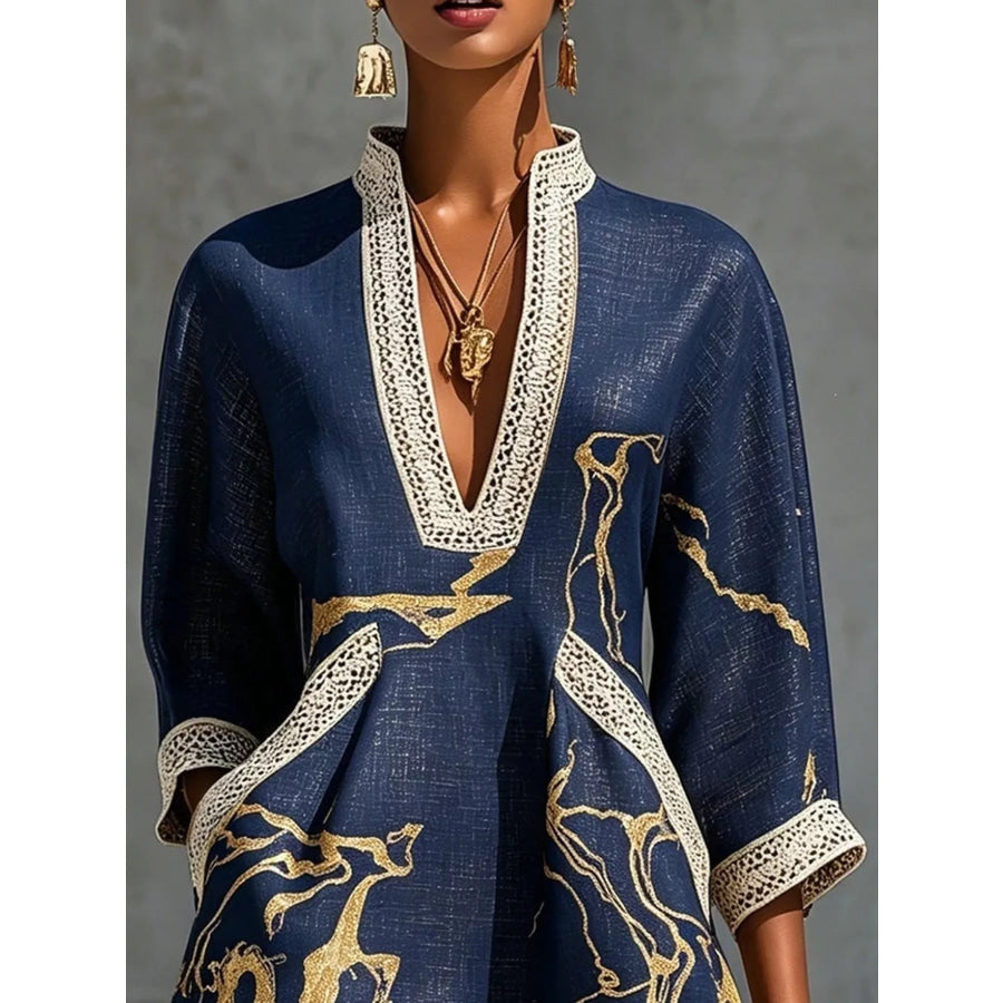 Notched 3/4 Sleeve Mini Dress Navy / S Apparel and Accessories