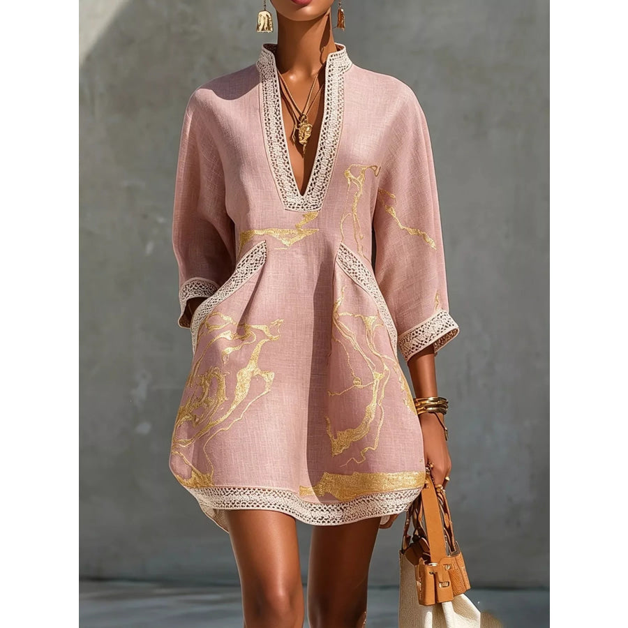 Notched 3/4 Sleeve Mini Dress Pink / S Apparel and Accessories