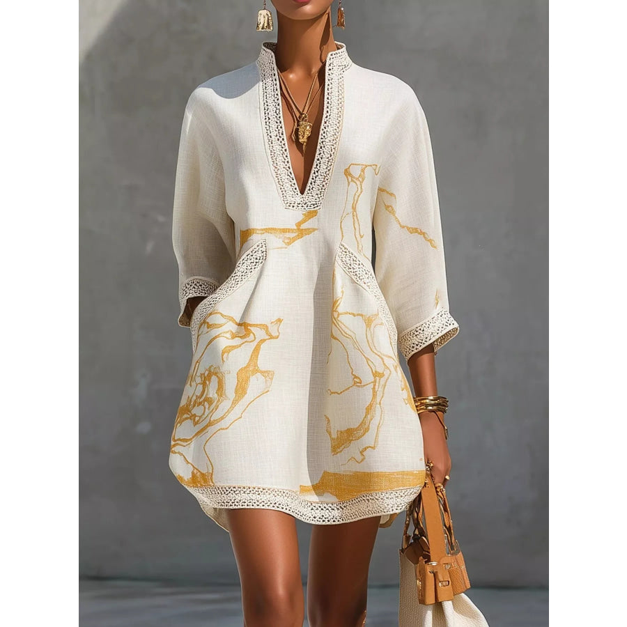 Notched 3/4 Sleeve Mini Dress White / S Apparel and Accessories