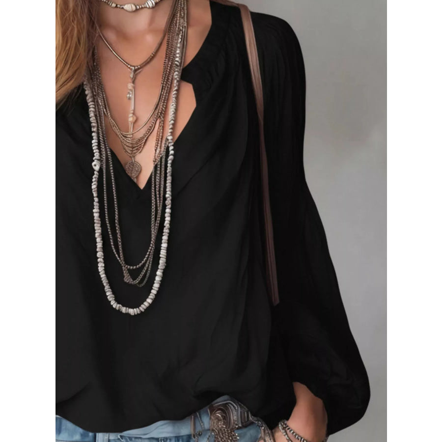 Notched Balloon Sleeve Blouse Apparel and Accessories