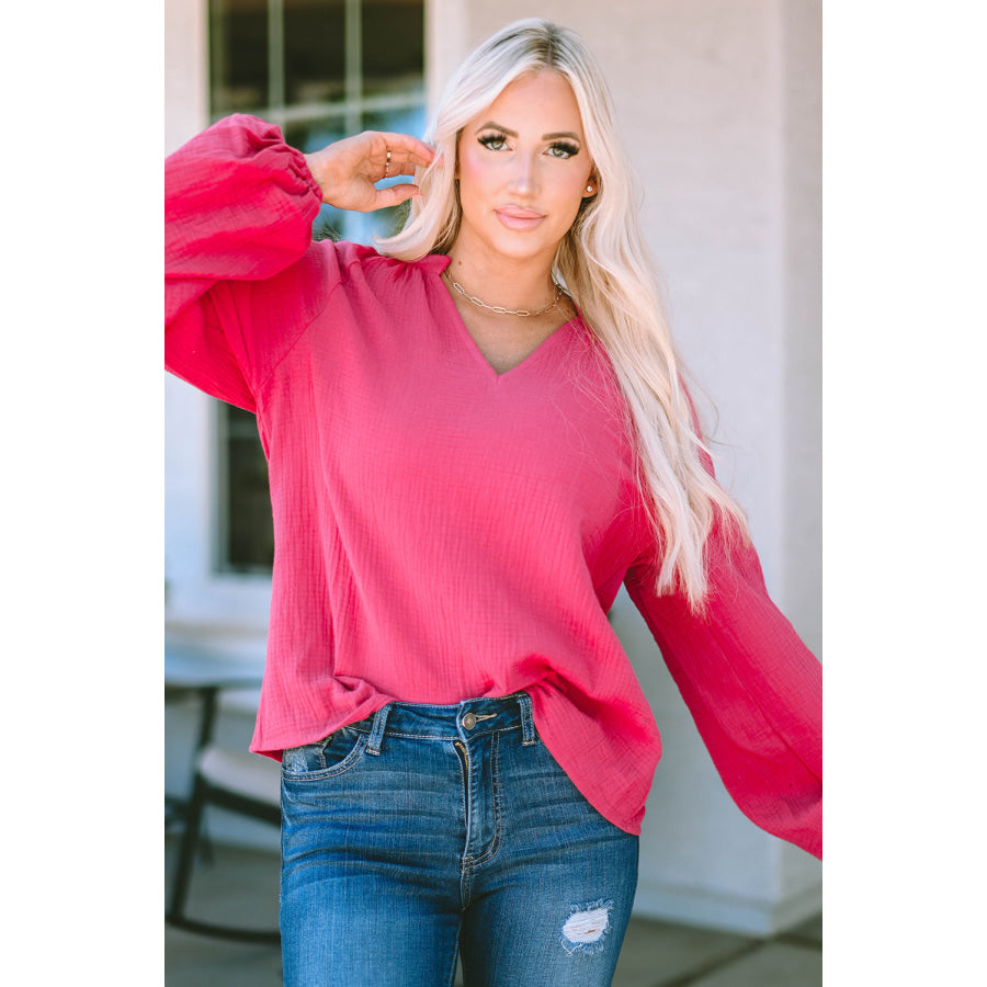 Notched Balloon Sleeve Blouse Hot Pink / S Apparel and Accessories