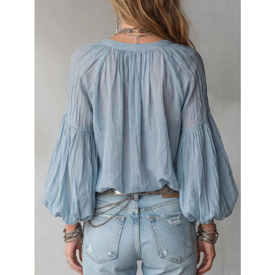 Notched Balloon Sleeve Blouse Apparel and Accessories