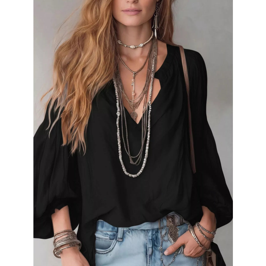 Notched Balloon Sleeve Blouse Black / S Apparel and Accessories