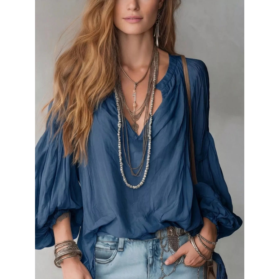 Notched Balloon Sleeve Blouse Dark Blue / S Apparel and Accessories
