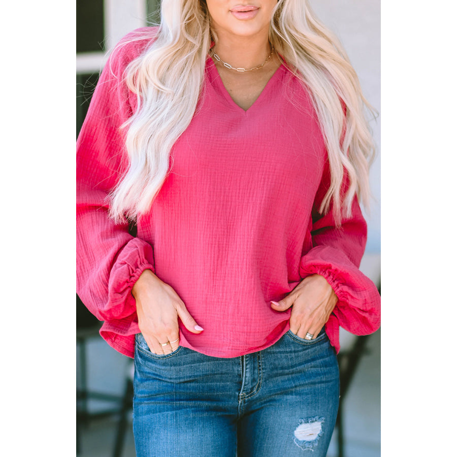 Notched Balloon Sleeve Blouse Hot Pink / S Apparel and Accessories