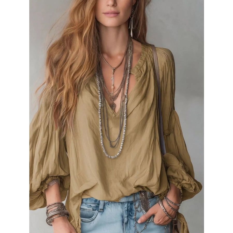 Notched Balloon Sleeve Blouse Khaki / S Apparel and Accessories