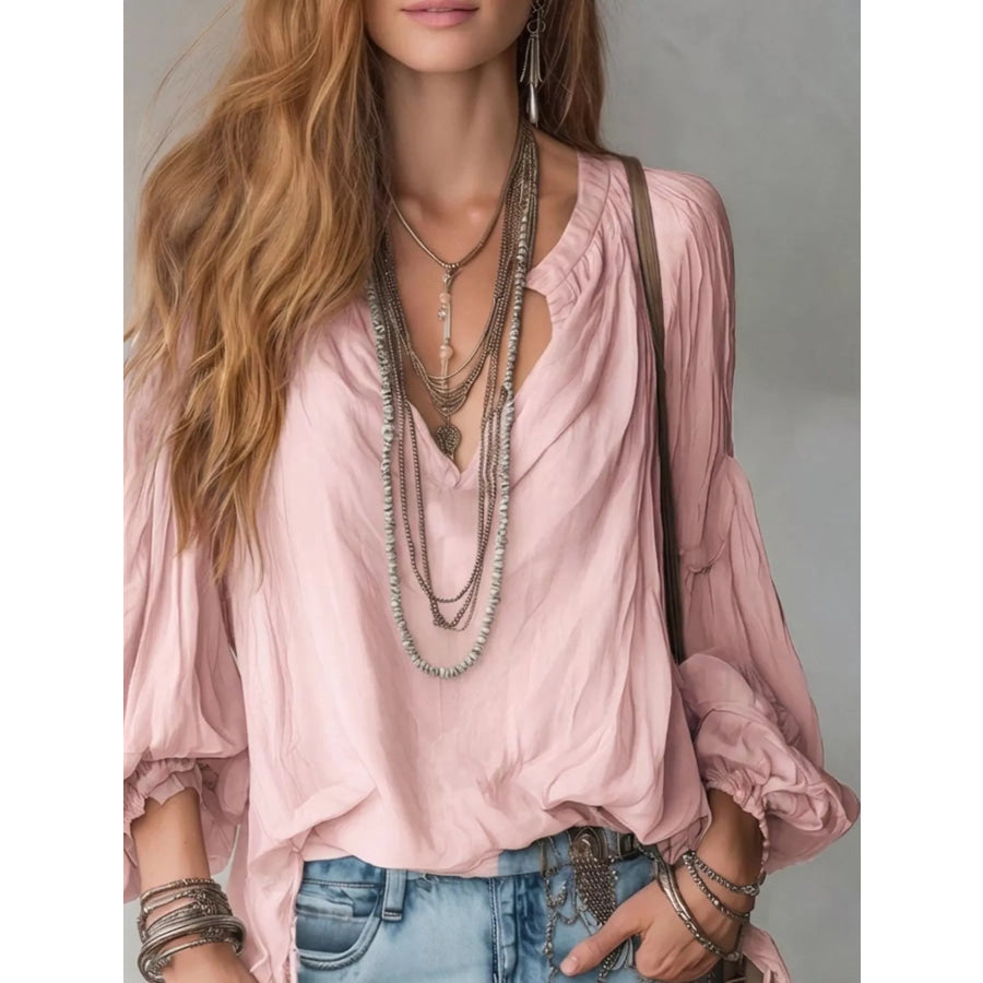 Notched Balloon Sleeve Blouse Pink / S Apparel and Accessories