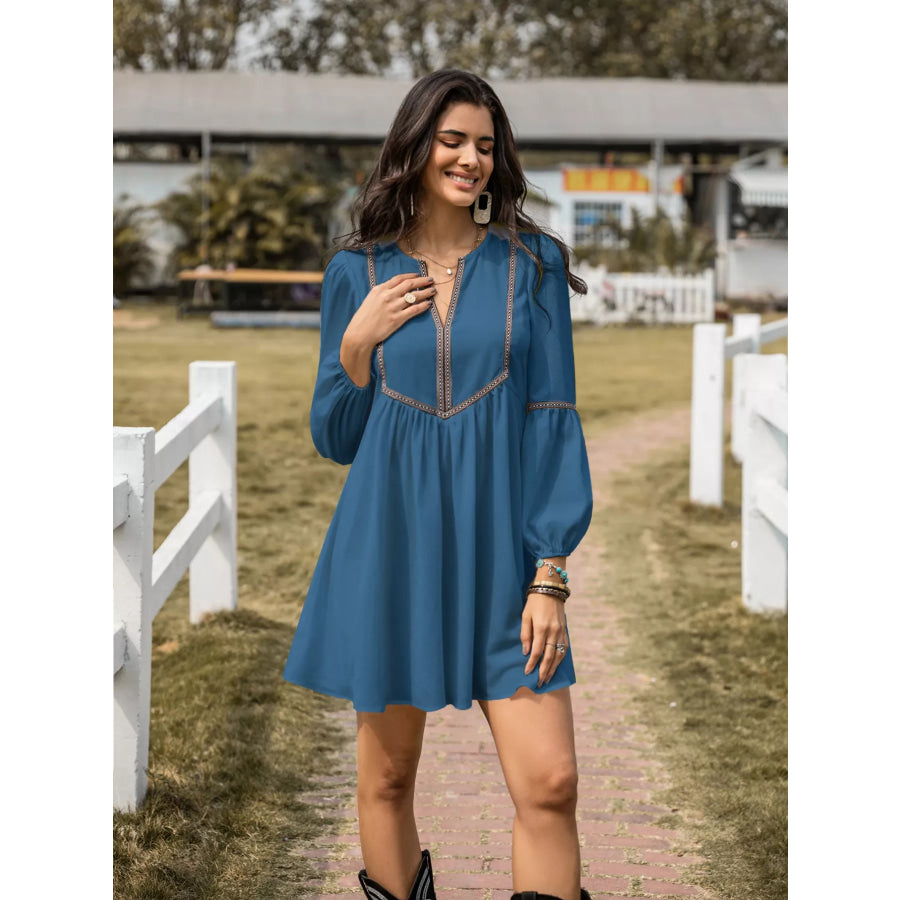 Notched Balloon Sleeve Mini Dress Apparel and Accessories