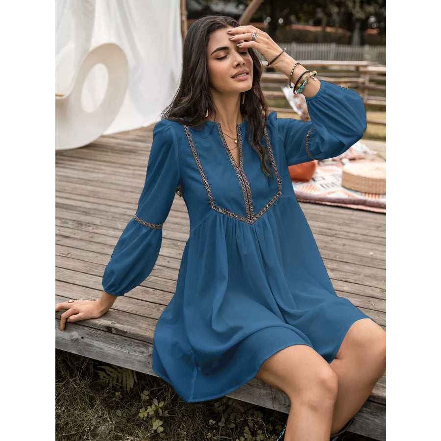 Notched Balloon Sleeve Mini Dress Apparel and Accessories