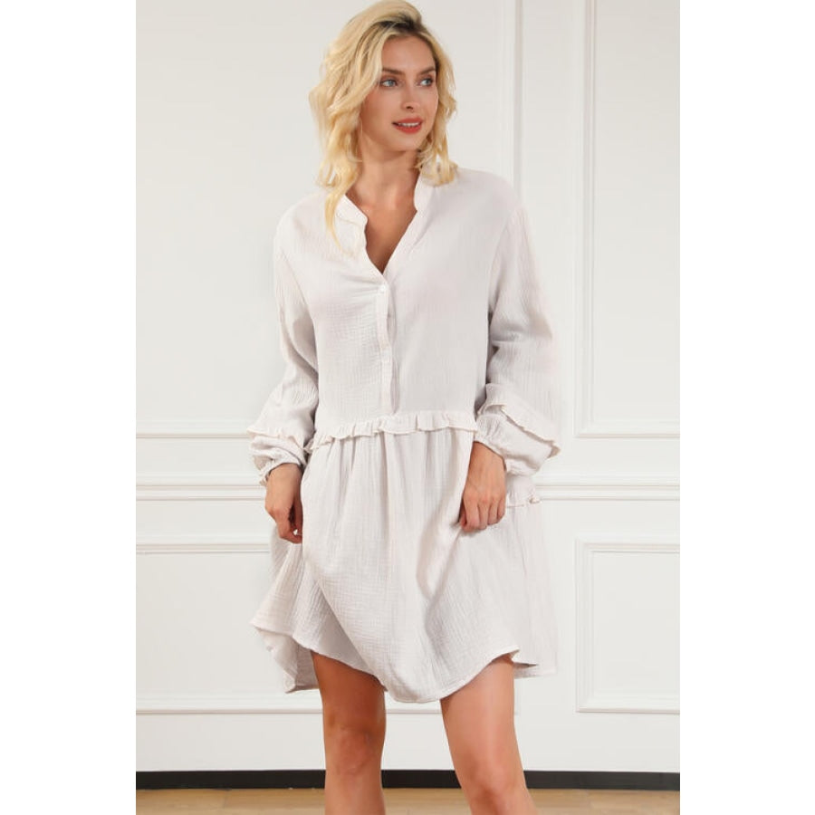 Notched Balloon Sleeve Mini Dress