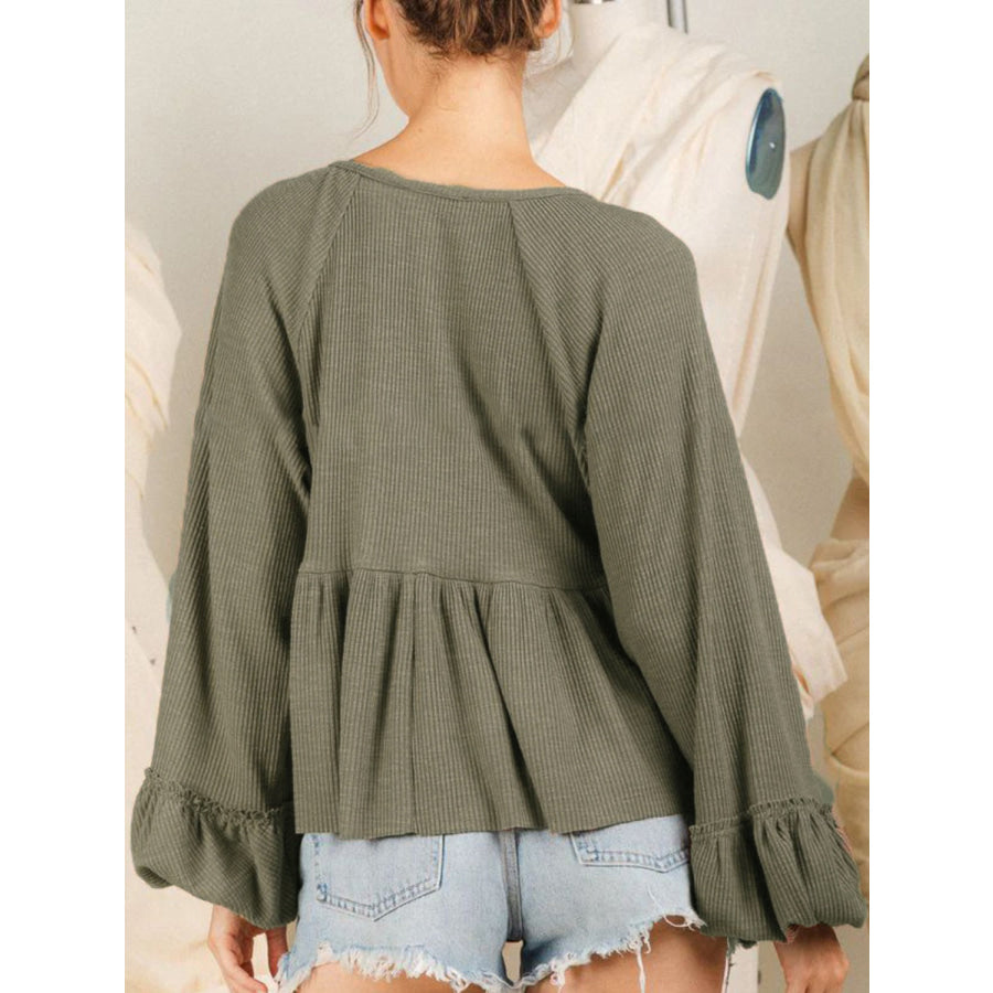 Notched Balloon Sleeve Peplum Blouse Apparel and Accessories