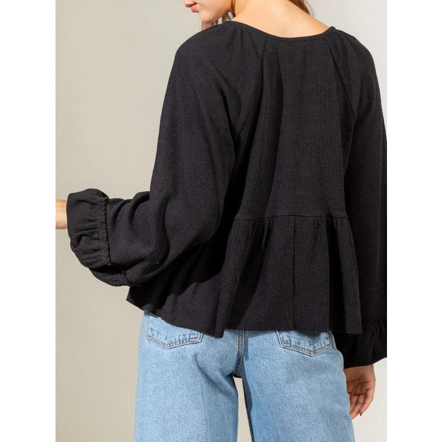 Notched Balloon Sleeve Peplum Blouse Apparel and Accessories