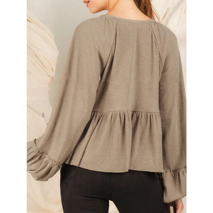 Notched Balloon Sleeve Peplum Blouse Apparel and Accessories