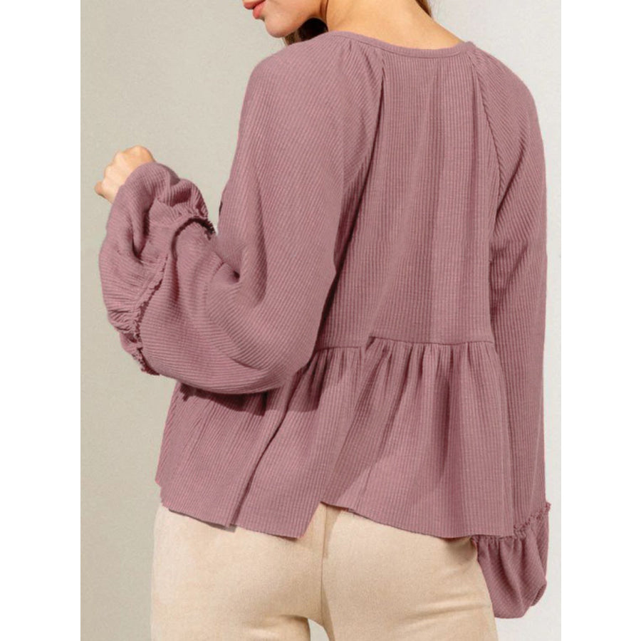 Notched Balloon Sleeve Peplum Blouse Apparel and Accessories