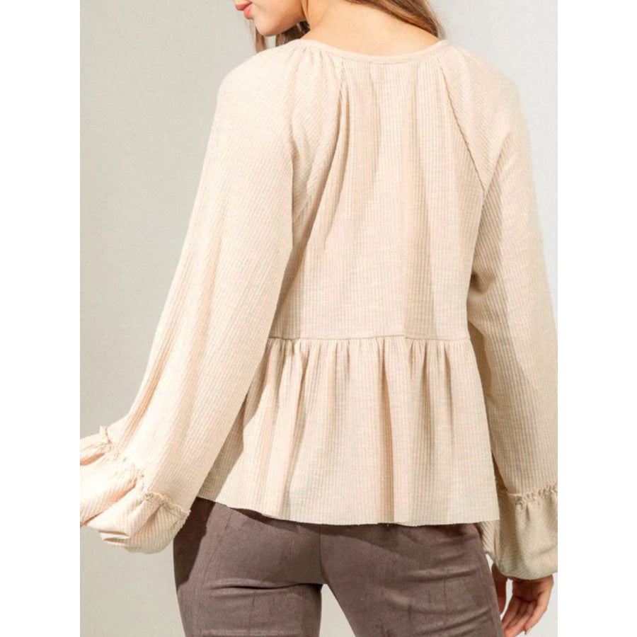 Notched Balloon Sleeve Peplum Blouse Apparel and Accessories