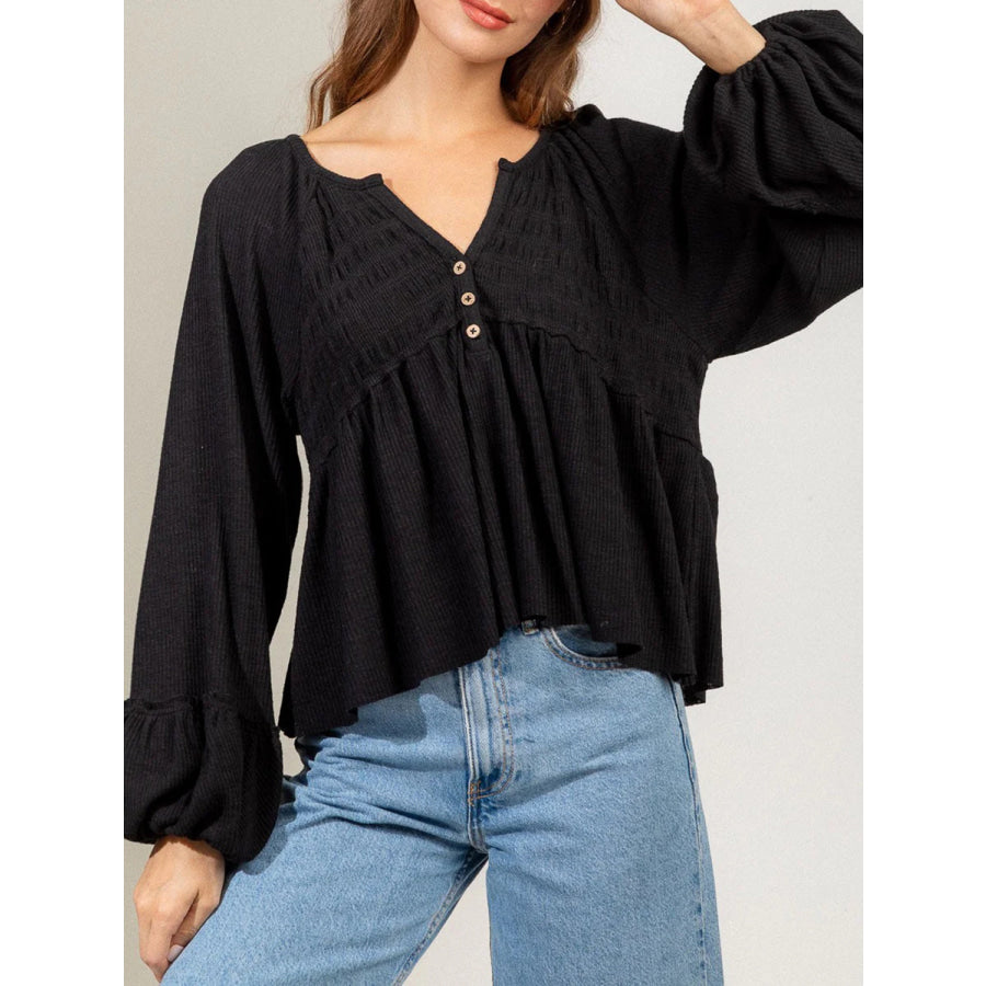 Notched Balloon Sleeve Peplum Blouse Apparel and Accessories