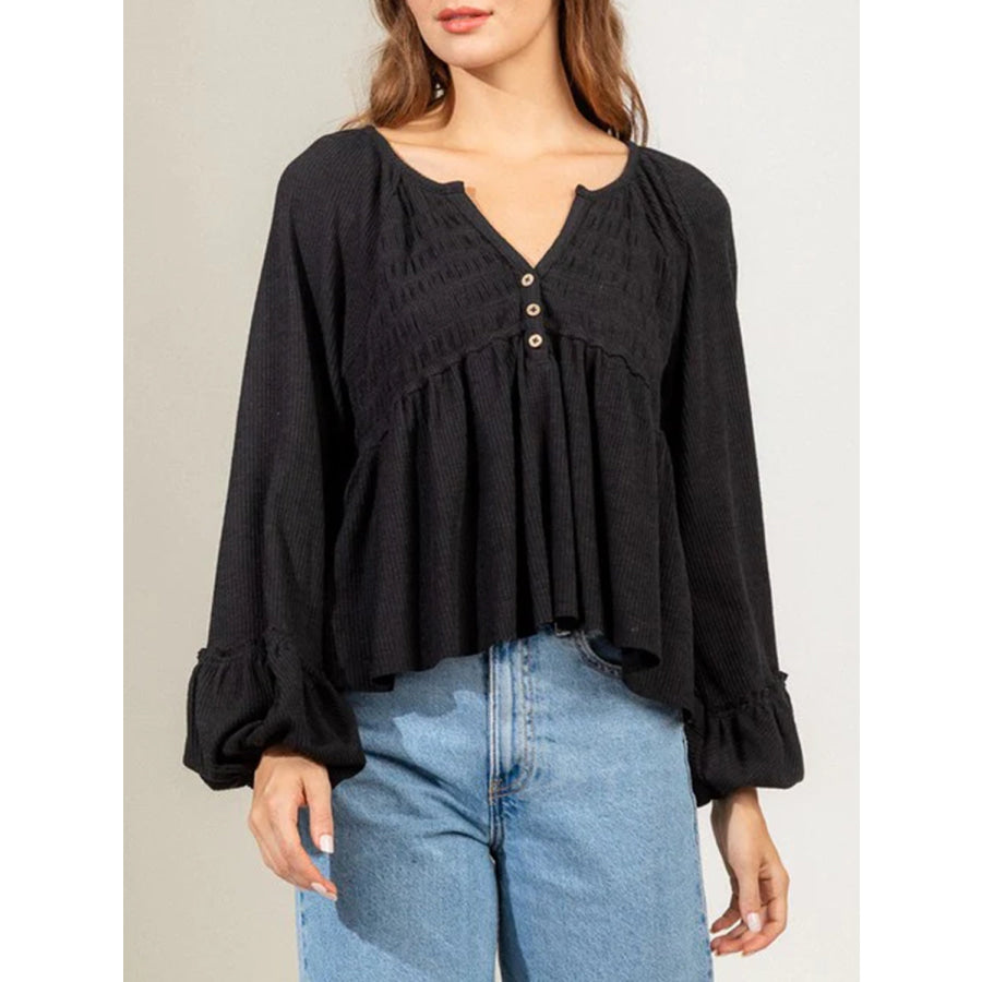 Notched Balloon Sleeve Peplum Blouse Black / S Apparel and Accessories