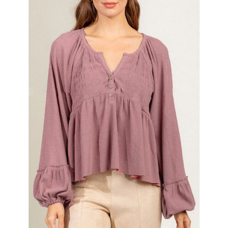 Notched Balloon Sleeve Peplum Blouse Light Mauve / S Apparel and Accessories