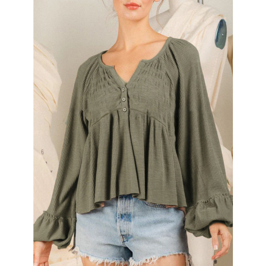 Notched Balloon Sleeve Peplum Blouse Moss / S Apparel and Accessories