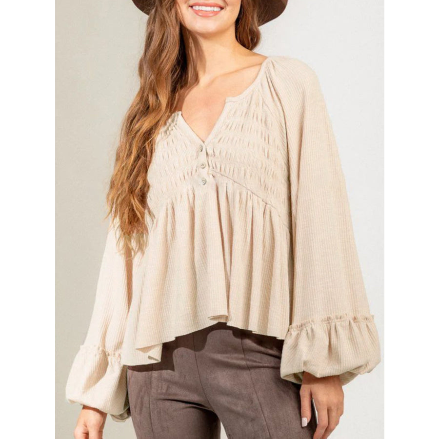 Notched Balloon Sleeve Peplum Blouse Sand / S Apparel and Accessories