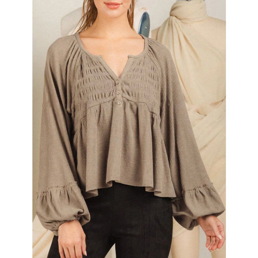 Notched Balloon Sleeve Peplum Blouse Taupe / S Apparel and Accessories