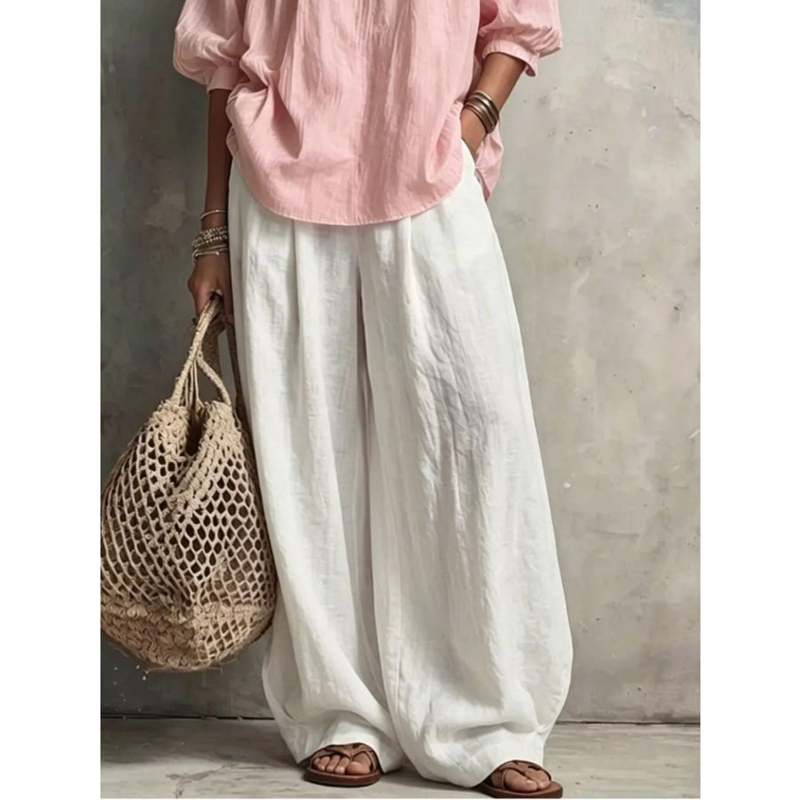 Notched Blouse and Wide-Leg Pants Set Apparel Accessories