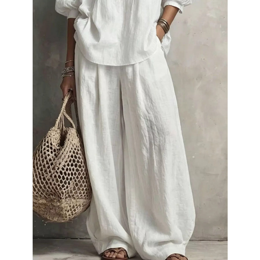 Notched Blouse and Wide-Leg Pants Set Apparel Accessories
