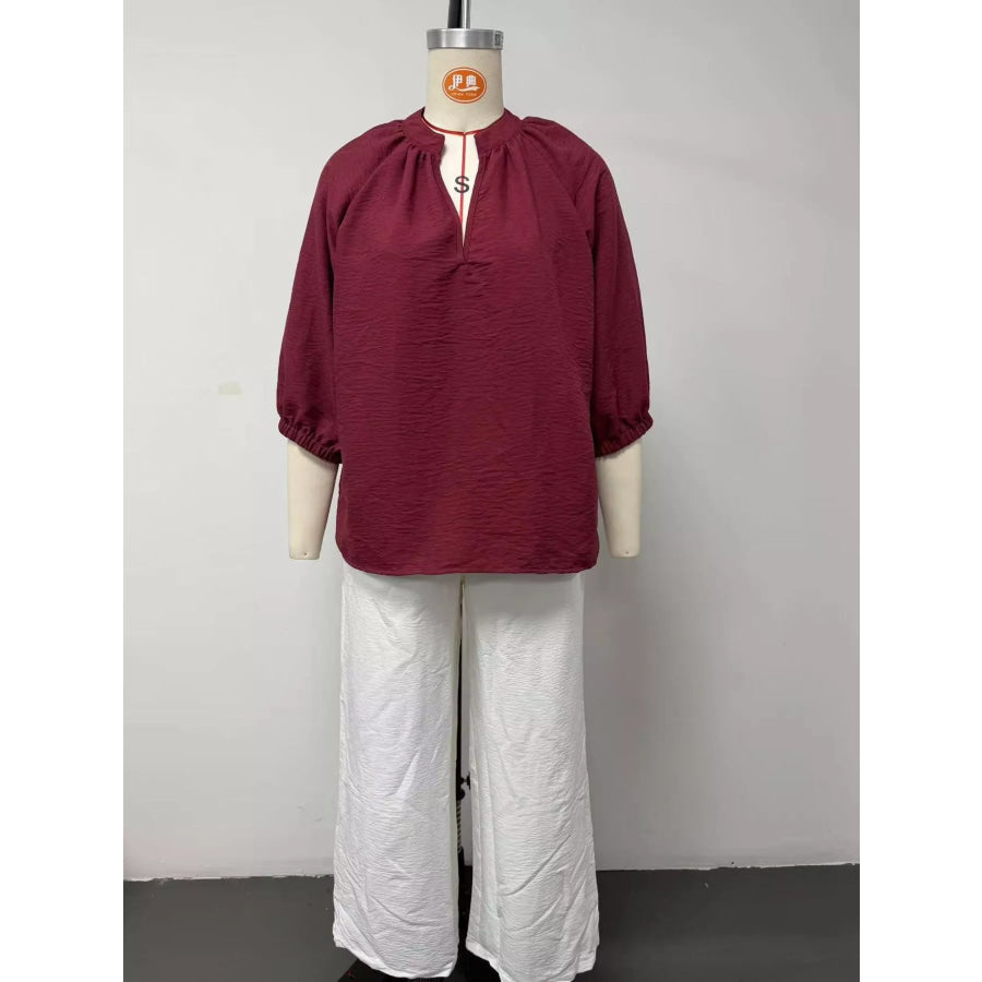 Notched Blouse and Wide-Leg Pants Set Apparel Accessories