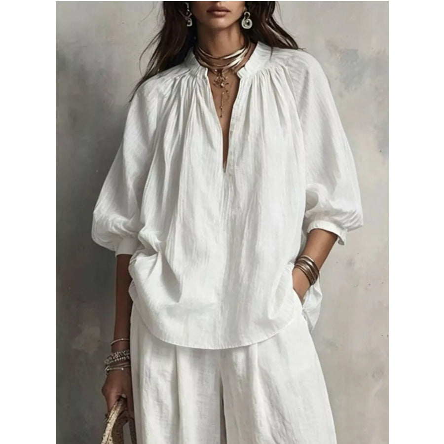Notched Blouse and Wide-Leg Pants Set Apparel Accessories