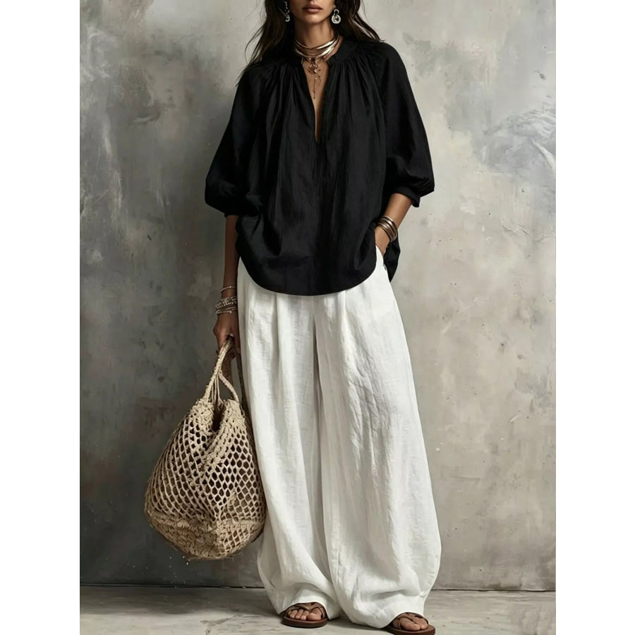 Notched Blouse and Wide-Leg Pants Set Black / S Apparel Accessories