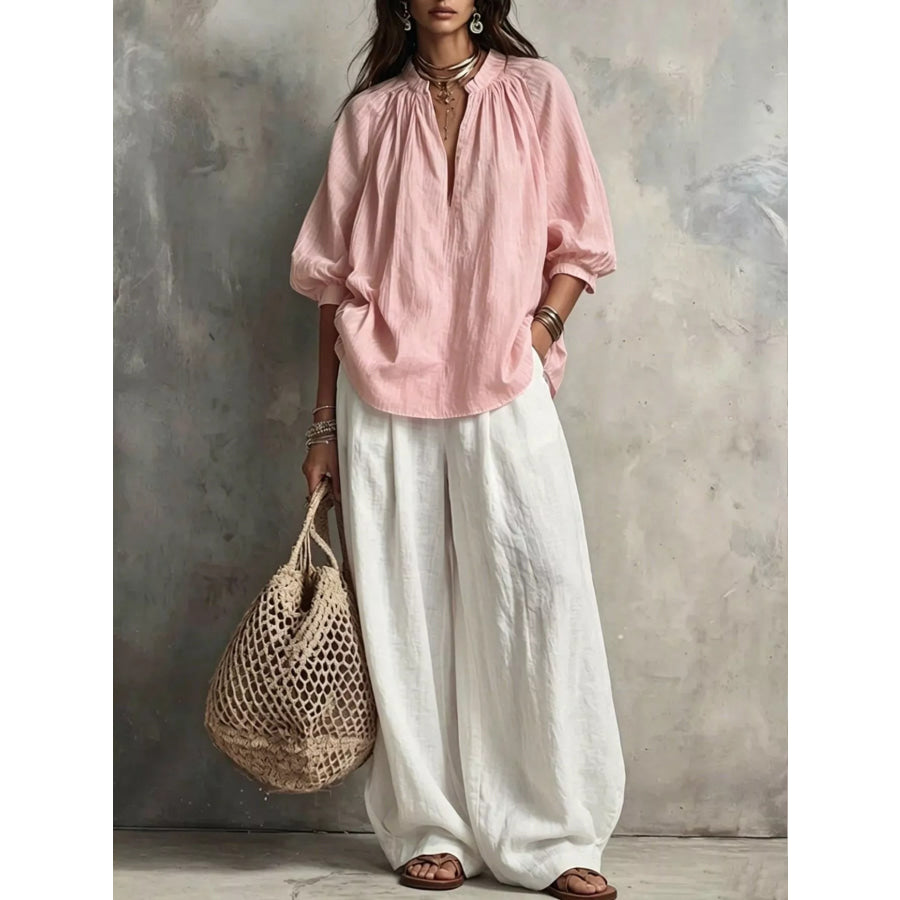 Notched Blouse and Wide-Leg Pants Set Blush Pink / S Apparel Accessories