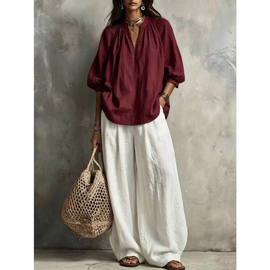 Notched Blouse and Wide-Leg Pants Set Burgundy / S Apparel Accessories
