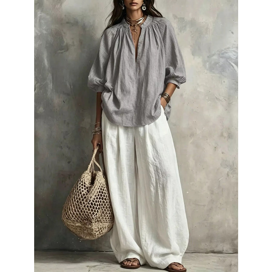 Notched Blouse and Wide-Leg Pants Set Gray / S Apparel Accessories