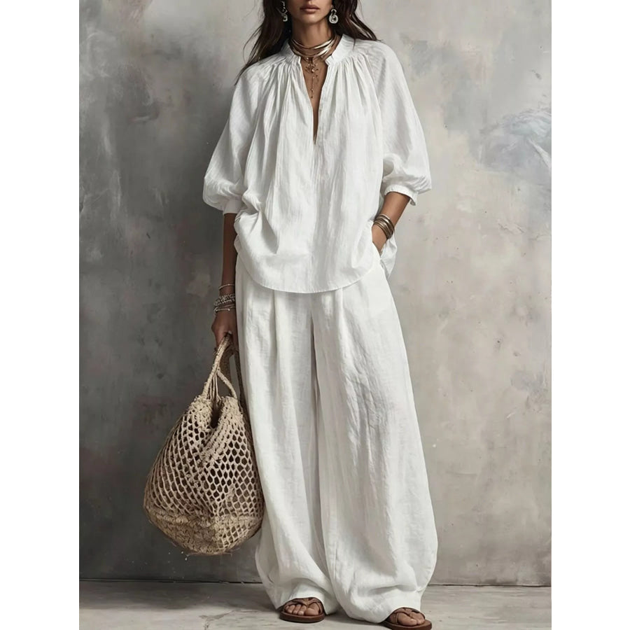 Notched Blouse and Wide-Leg Pants Set White / S Apparel Accessories