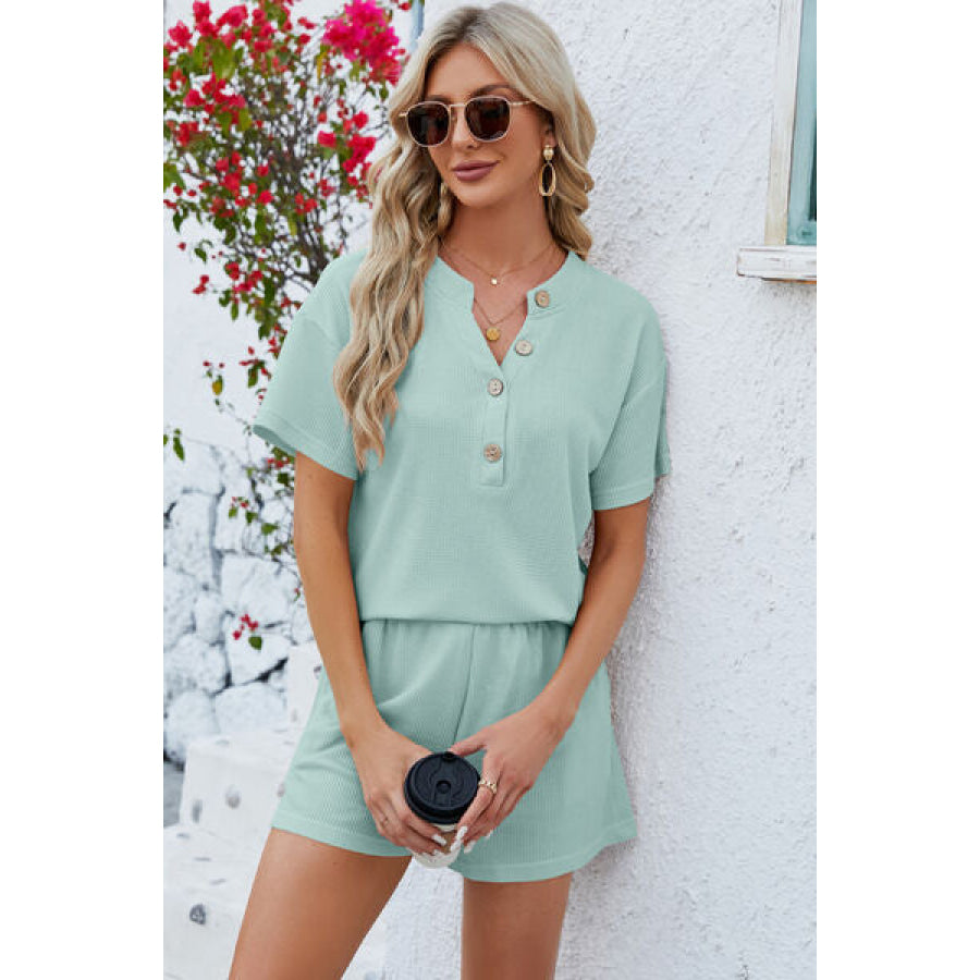 Notched Button Detail Dropped Shoulder Top and Shorts Set Clothing