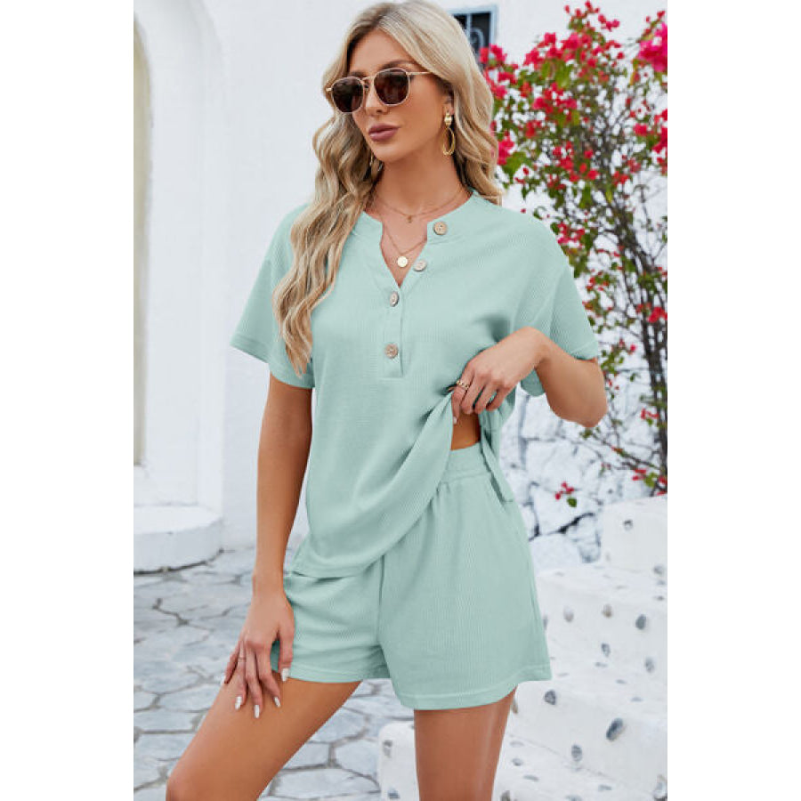 Notched Button Detail Dropped Shoulder Top and Shorts Set Clothing