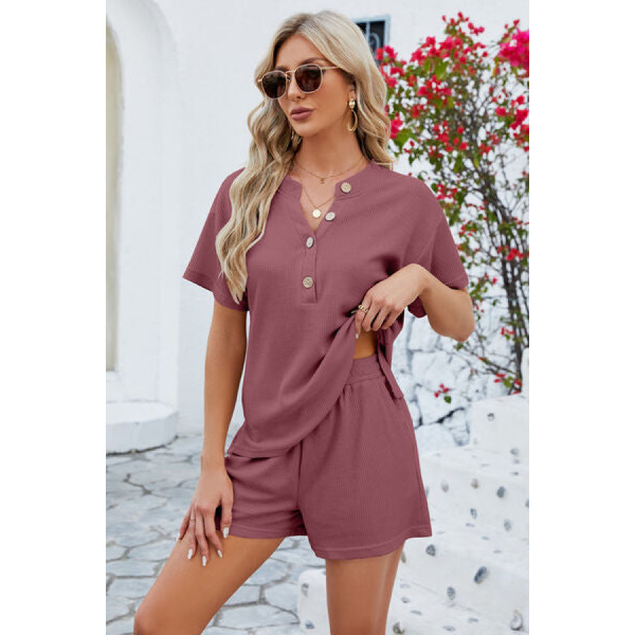 Notched Button Detail Dropped Shoulder Top and Shorts Set Clothing