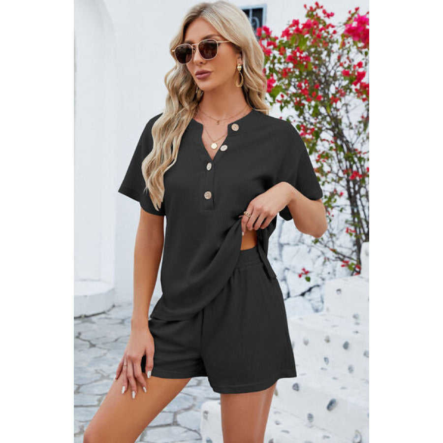 Notched Button Detail Dropped Shoulder Top and Shorts Set Clothing