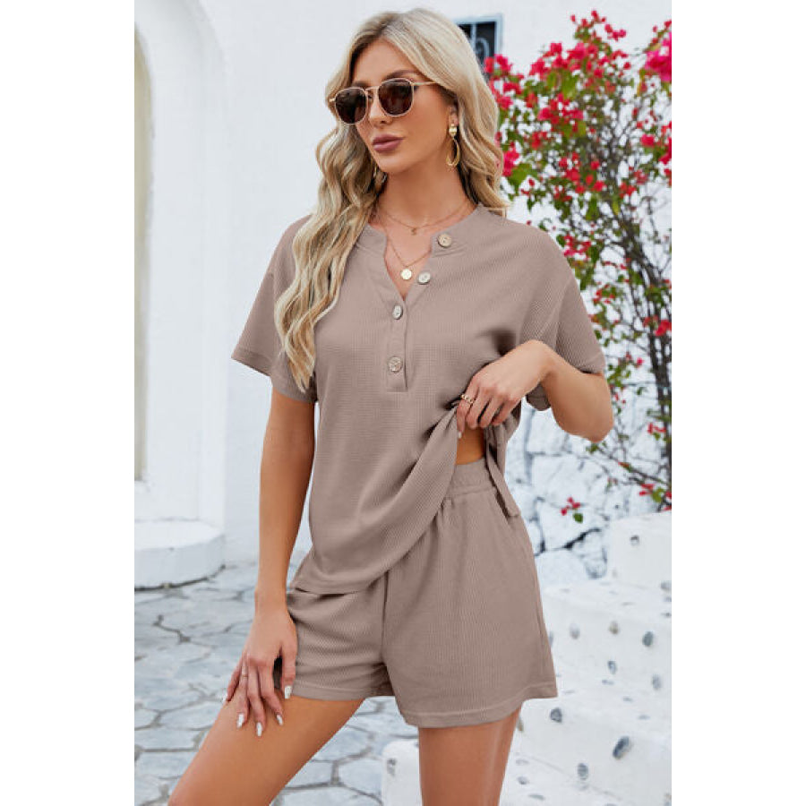 Notched Button Detail Dropped Shoulder Top and Shorts Set Clothing