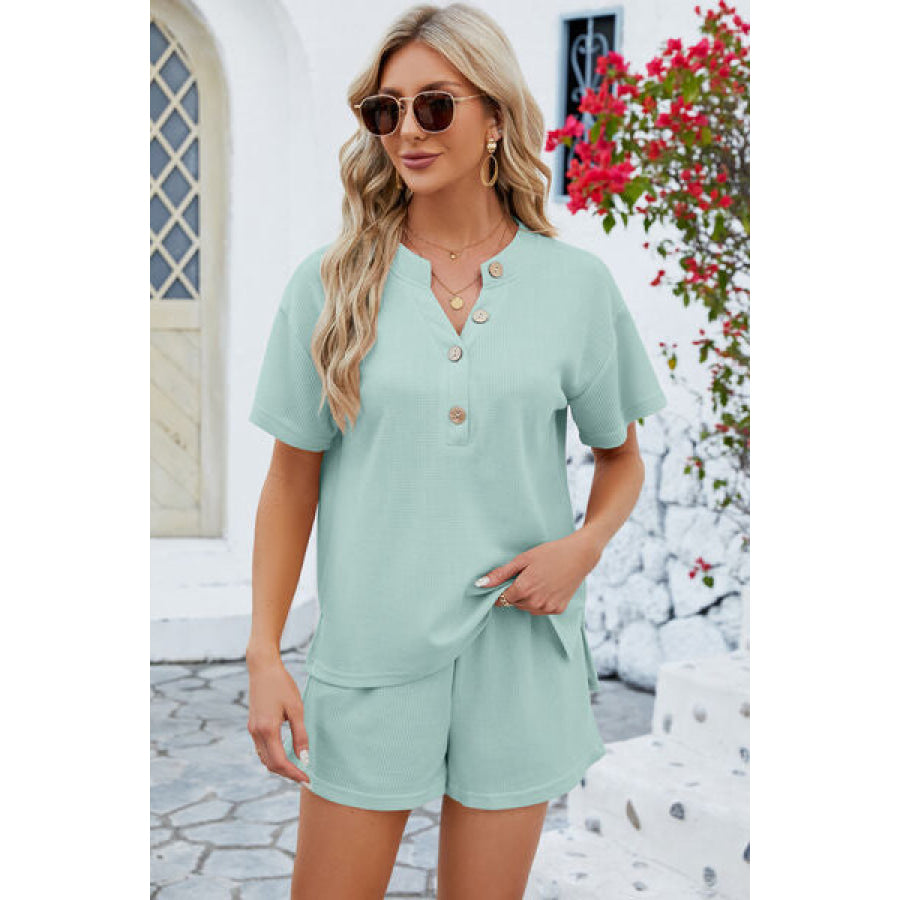 Notched Button Detail Dropped Shoulder Top and Shorts Set Clothing