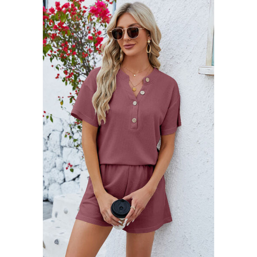 Notched Button Detail Dropped Shoulder Top and Shorts Set Clothing