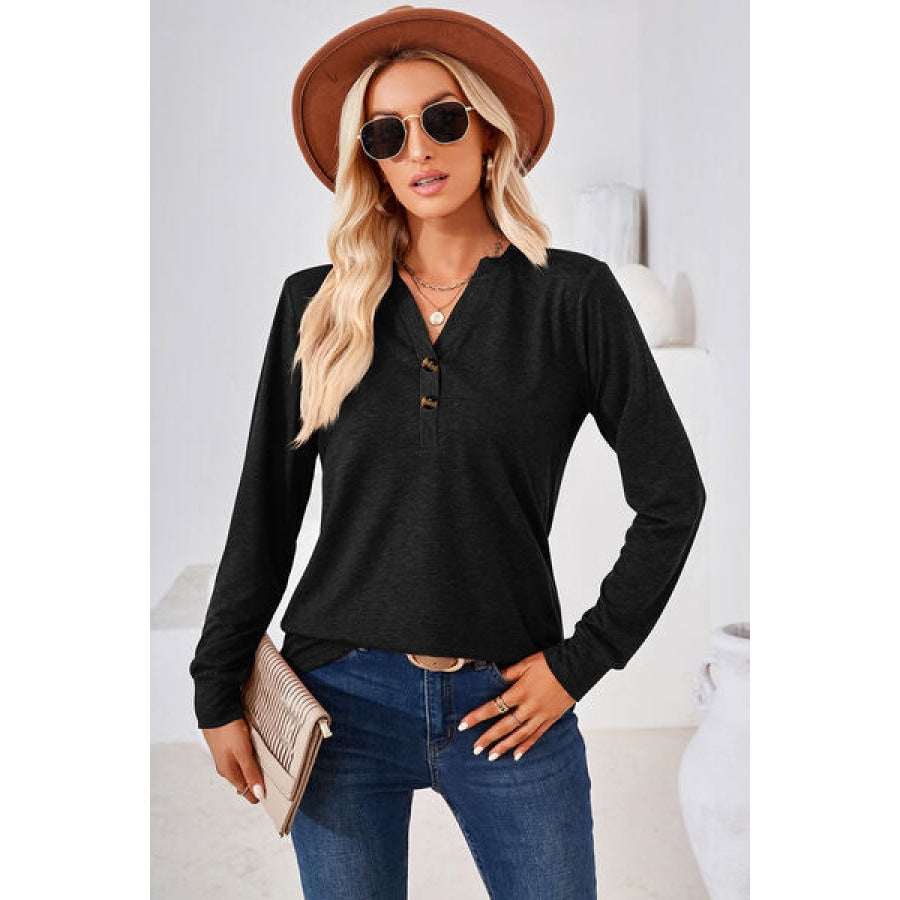 Notched Button Detail Long Sleeve T-Shirt Black / S Clothing