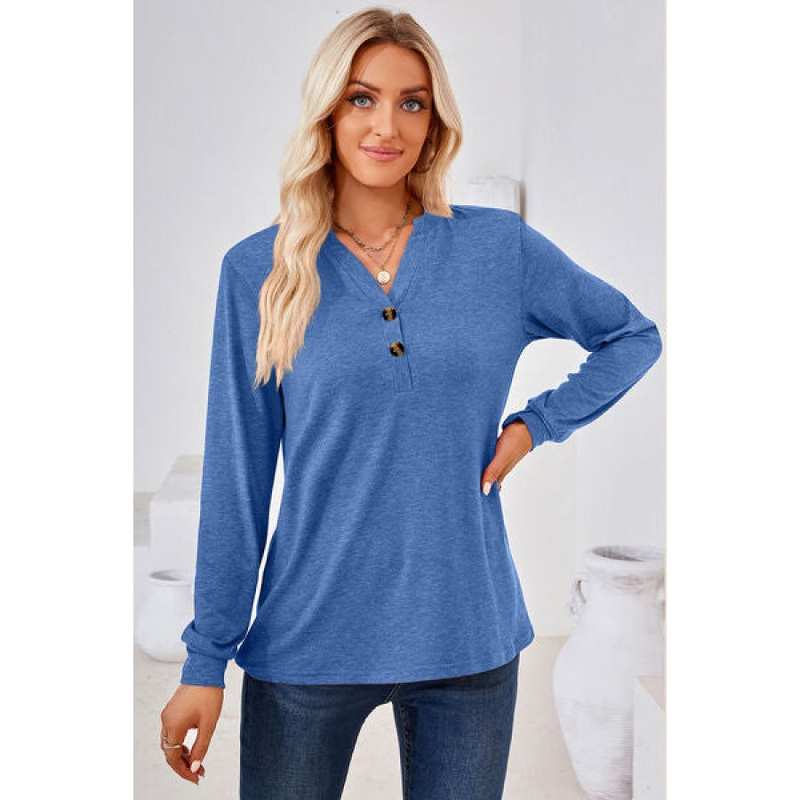 Notched Button Detail Long Sleeve T-Shirt Clothing